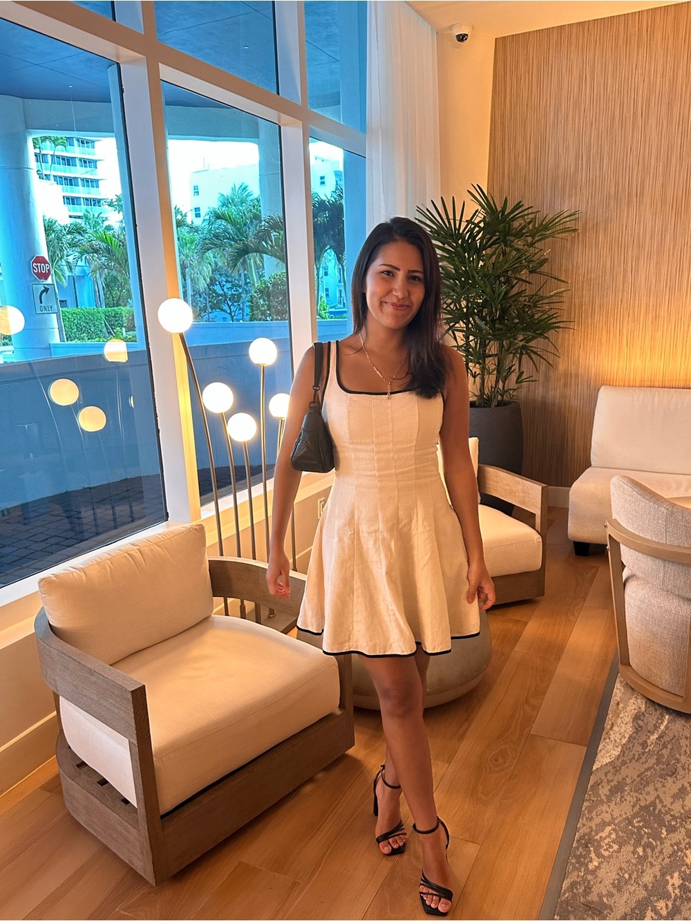 Elegant Cream A-Line Mini Dress with Black Trim - Picture 3 of 3